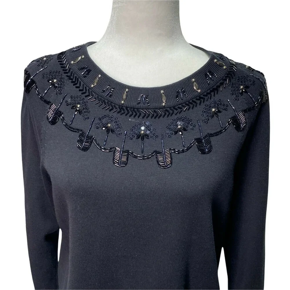 RSVP BY TALBOTS | sz L Petite Women's Pull Over Crew Beaded Jewel Yoke Sweater - Picture 3 of 7